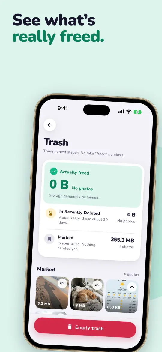 The trash screen with three counters: Actually freed, In Recently Deleted and Marked