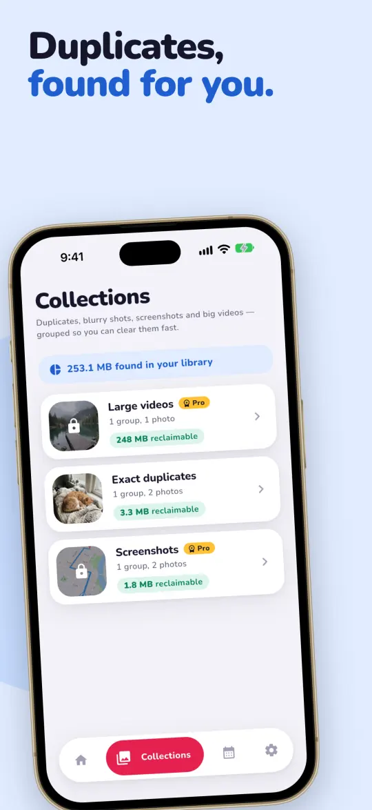 Collections: large videos, exact duplicates and screenshots, each with the space they take