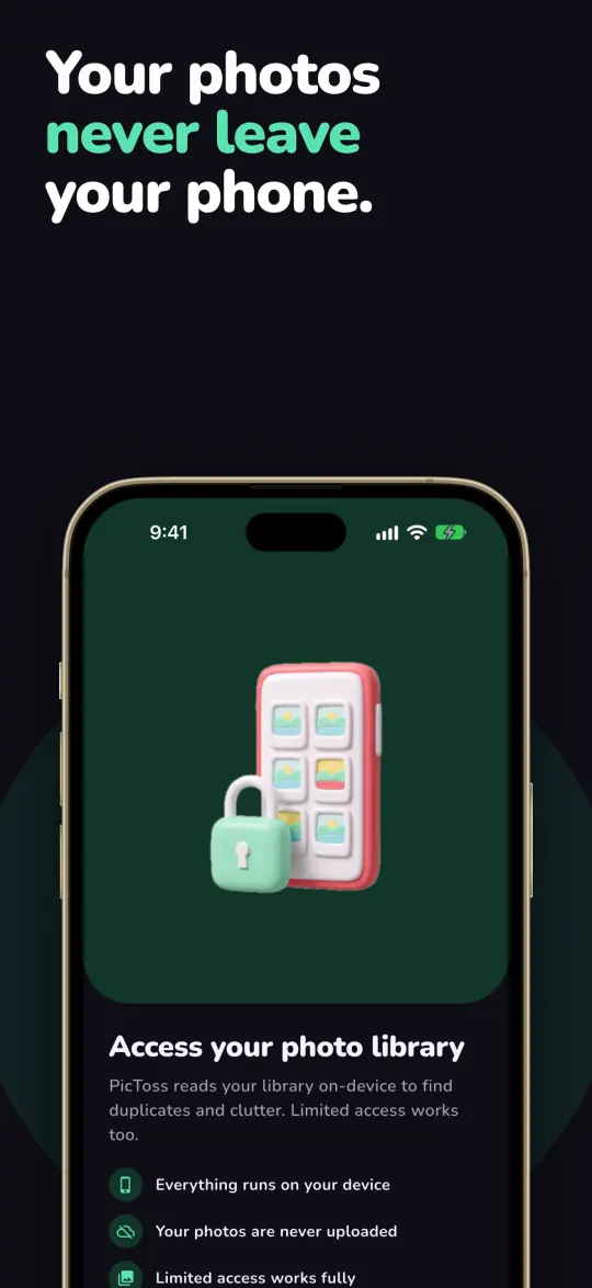 The photo access screen: everything runs on your device